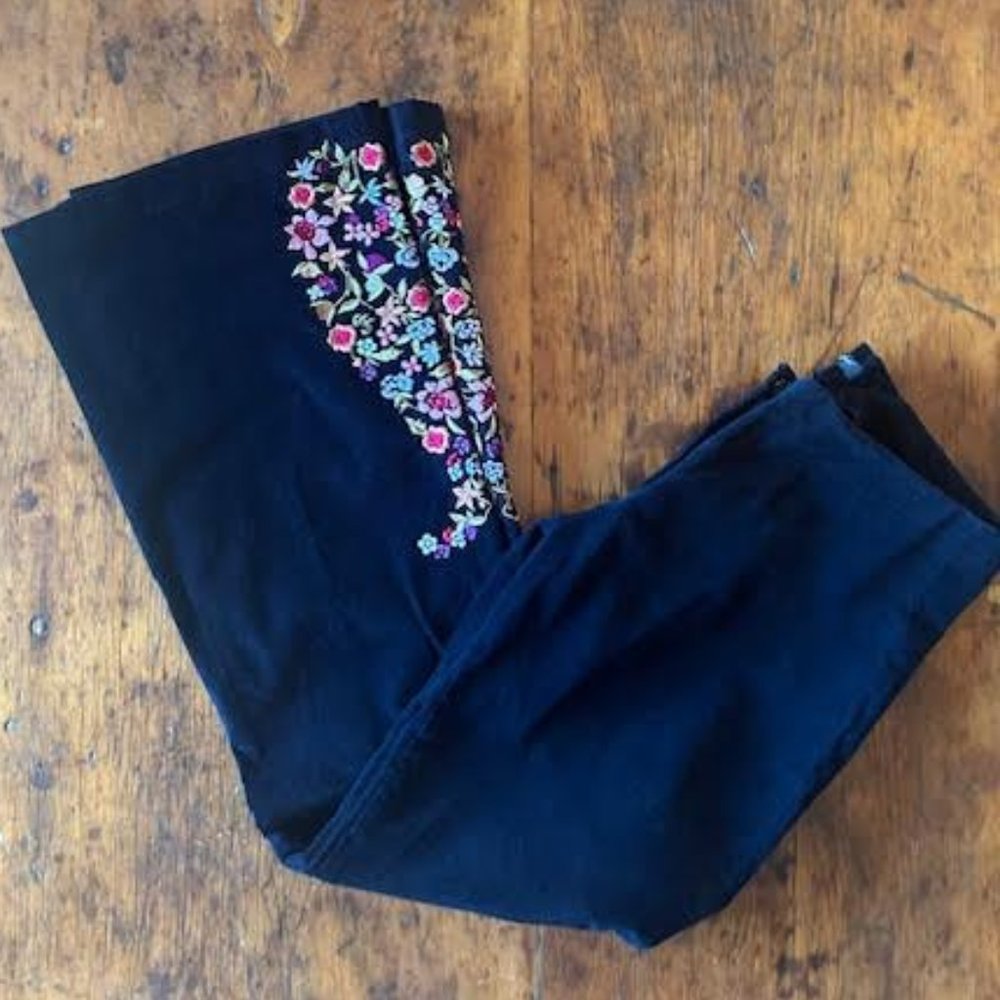 Betsey Johnson Black Wide Leg Pants with Multicolor Floral Embroidery